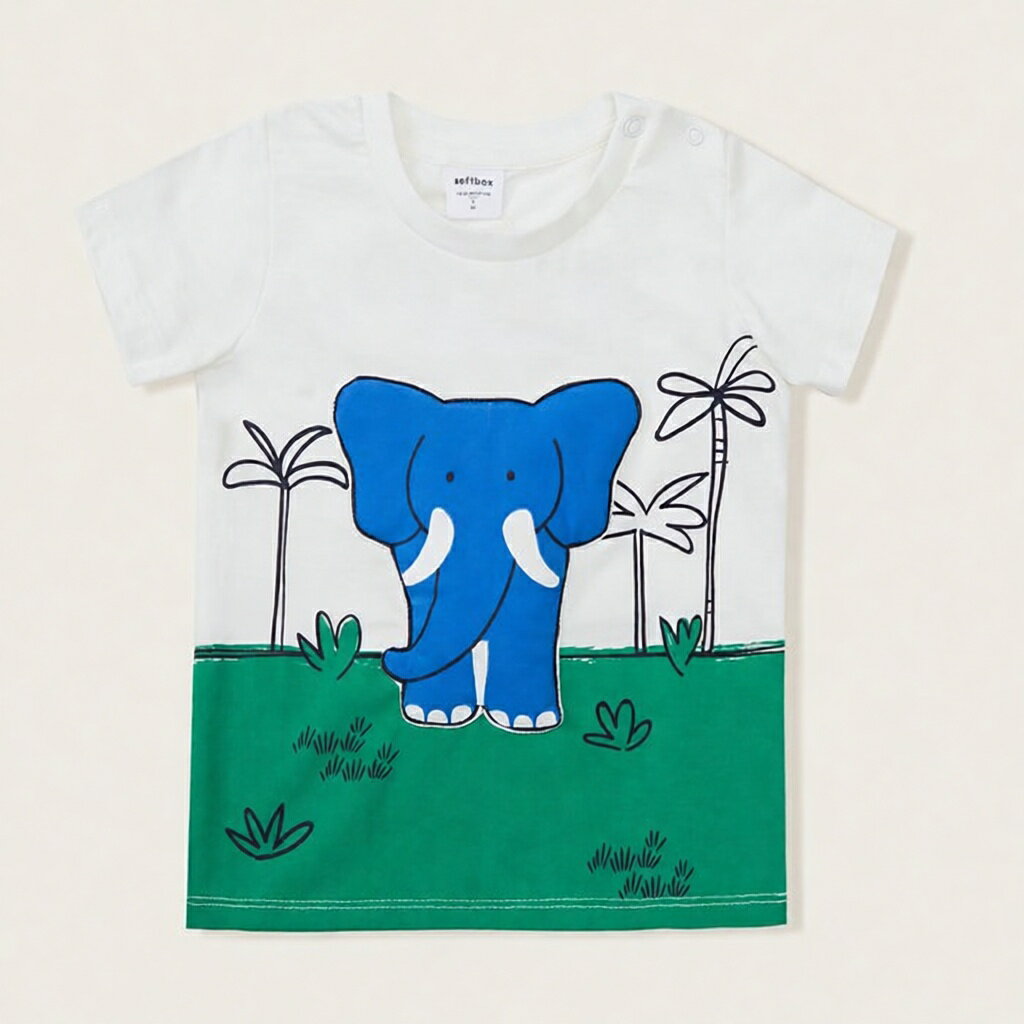 商品説明商品 softbox キッズTシャツ（象柄）【男の子・女の子兼用】素材 綿100%サイズ 60cm 70cm 80cm 85cm 90cm(特徴など)・通気性が良い。吸水性が高いため、水分を吸収して外に放出してくれる。 ・静電気が起きにくい。吸水性が高いため静電気が溜まりにくい。 ・肌触りが良い。綿は微細な繊維のため、肌への引っかかりが少なく肌に優しい。 ・生地が丈夫。強度が強いため、洗濯をしても素材が傷みにくく長く使える。アイロンもOK。 ベビー半袖Tシャツ 立体ゾウプリント 綿100％（60〜90cm） 見た瞬間きゅん、とする大きなゾウさん。ふわっと立体感のある3Dプリントが主役の、ベビー＆キッズ向け半袖Tシャツです。コットン100％のさらりとした肌ざわりで、汗ばむ季節も快適。おうち時間からお出かけまで、毎日つい手に取りたくなる一枚です。 ■ 商品の特徴 目を引くゾウ柄×立体プリント：ぷっくりした3Dデザインで写真映えもばっちり 綿100％でやさしい着心地：素肌に触れてもチクチクしにくく、デリケートなお肌にも◎ 通気性がよくムレにくい：元気に動いて汗をかいても、快適さをキープ シンプルで合わせやすい：無地ボトムや柄ボトムとも相性がよく、コーデがすぐ決まる デイリーにうれしい洗える素材：お洗濯しやすく、毎日使いに頼れる 男女兼用で着られる：男の子・女の子どちらにも似合う、やさしい雰囲気のデザイン ■ 身長サイズ 60cm（0-3mths） | 70cm（3-6mths） | 80cm（6-12mths） | 85cm（12-18mths） | 90cm（18-24mths） ■ 仕様 季節春・夏（インナー次第で秋口も） タイプベビー・キッズ用 半袖Tシャツ / カットソー 素材コットン100％ デザインゾウ柄（立体/3Dプリント） 対象男の子・女の子（男女兼用） サイズ60 / 70 / 80 / 85 / 90cm ■ おすすめシーン おうち時間のルームウェアに 公園遊びやお散歩などデイリーコーデに 保育園・幼稚園の通園着に 旅行や帰省のリラックススタイルに お誕生日フォト・記念撮影に（写真映え◎） 出産祝い・ちょっとしたギフトに ワンマイルウェアとして近所へのお出かけに ※サイズは表記（目安月齢）をご参考に、お手持ちのお洋服と比較してお選びください。※立体プリント部分は強くこすったり引っ張ったりすると傷みやすい場合があります。※モニター環境やロットにより、実物と色味が異なる場合がございます。★通気性が良く快適な着心地をキープ★素肌に優しいさらりとした肌触り