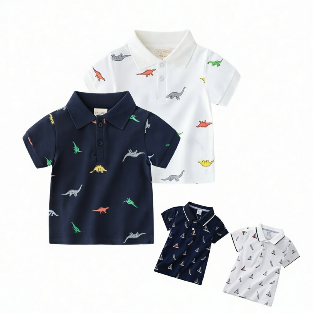 半袖 ポロシャツ キッズ 90～160cm 男の子 白 ホワイト ネイビー 恐竜柄 ほかけぶね おしゃれ こども トップス 可愛い 春 夏 秋 キッズ POLOシャツ 子供 ポロ シャツ 子供服 小学生 誕生日 おそろい 兄弟 Boy ジュニア 服 Tシャツ 2歳～12歳 綿 カジュアル 人気