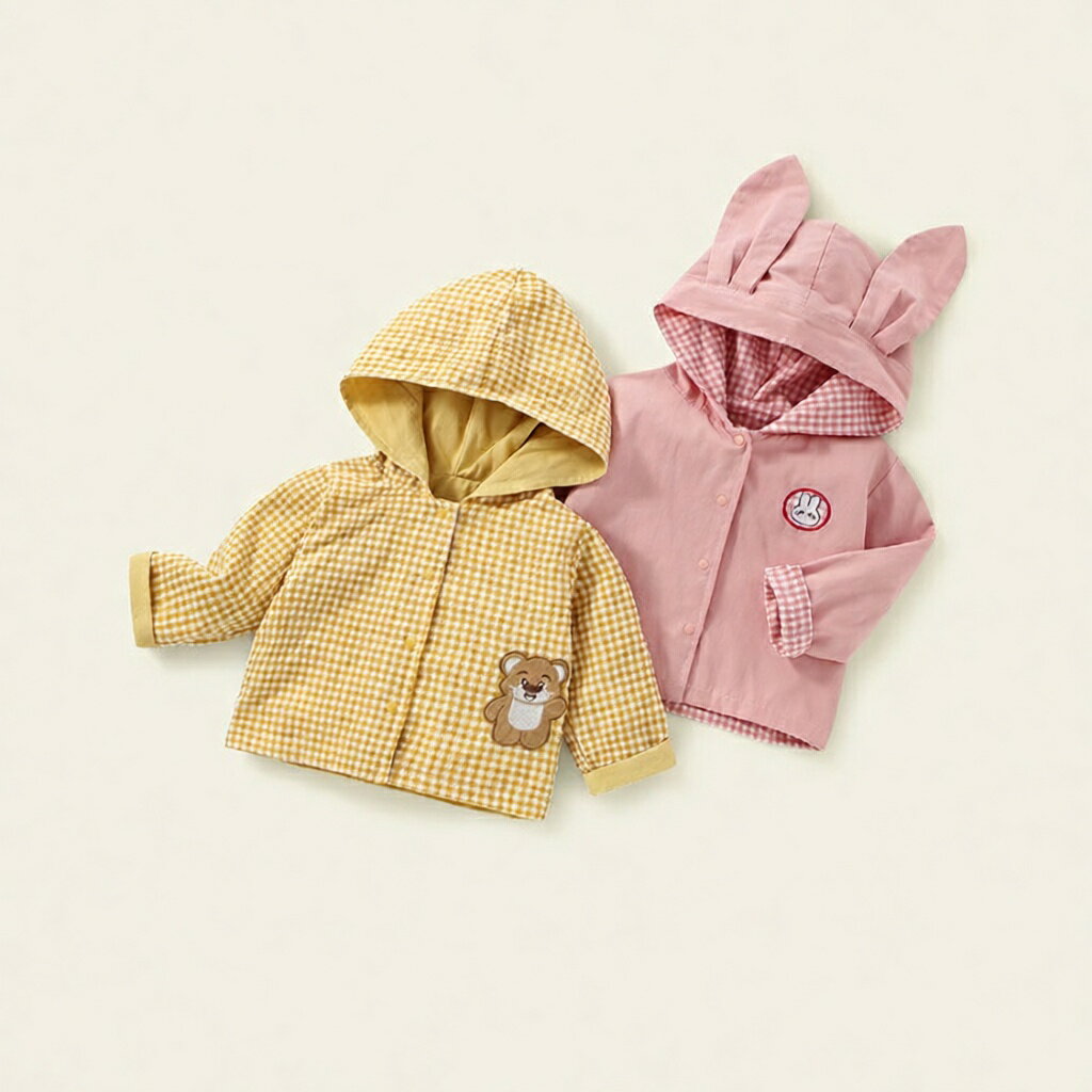 Coverall - コート アウター 春 夏 秋 子供 幼児 女の子 男の子 リバーシブル ジャケット フード付き 2color ベビー服 キッズ スプリングコート チェック柄 防風 赤ちゃん アウター 両面コート 春物 秋 ベビー用 子供服 春 夏アウター 姉妹 兄弟 お揃い うさぎ柄 クマ柄