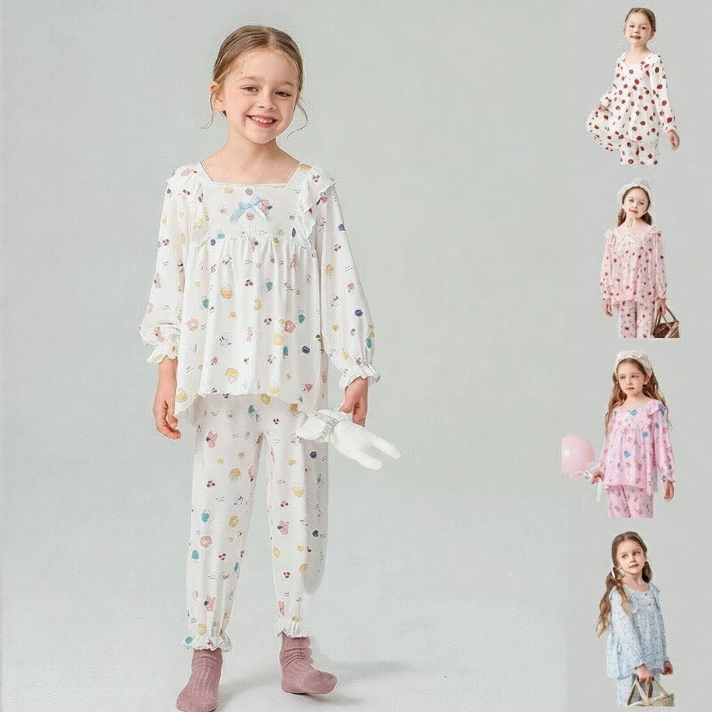 Rakuten - キッズ 女の子 パジャマ セット 全5柄 長袖トップス+長ズボン 2点セット 90cm～160cm フリル 可愛い リボン 兎柄 猫柄 トマト柄 蒸れない お肌にやさしい ルームウェア 薄手 薄地 プルオーバー ウェストゴム 春 秋 夏 ベビー 子供 かわいい 花柄 動物 おしゃれ 柔らかい