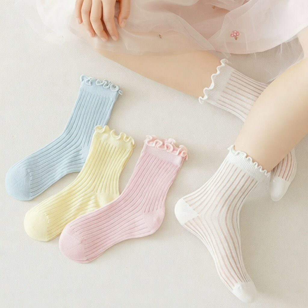 Rakuten - キッズ フリル 靴下 メッシュ 無地 4足セット 春 夏 mesh socks 4足組 カラフル 女の子 ソックス セット 透け透け S M L XL 1歳～12歳 幼児 保育園 通学 通園 カジュアル フォーマル シンプル 定番 人気 クルー丈 上品 フリル靴下 通気性 伸縮性 ギフト 発表会 ピアノ