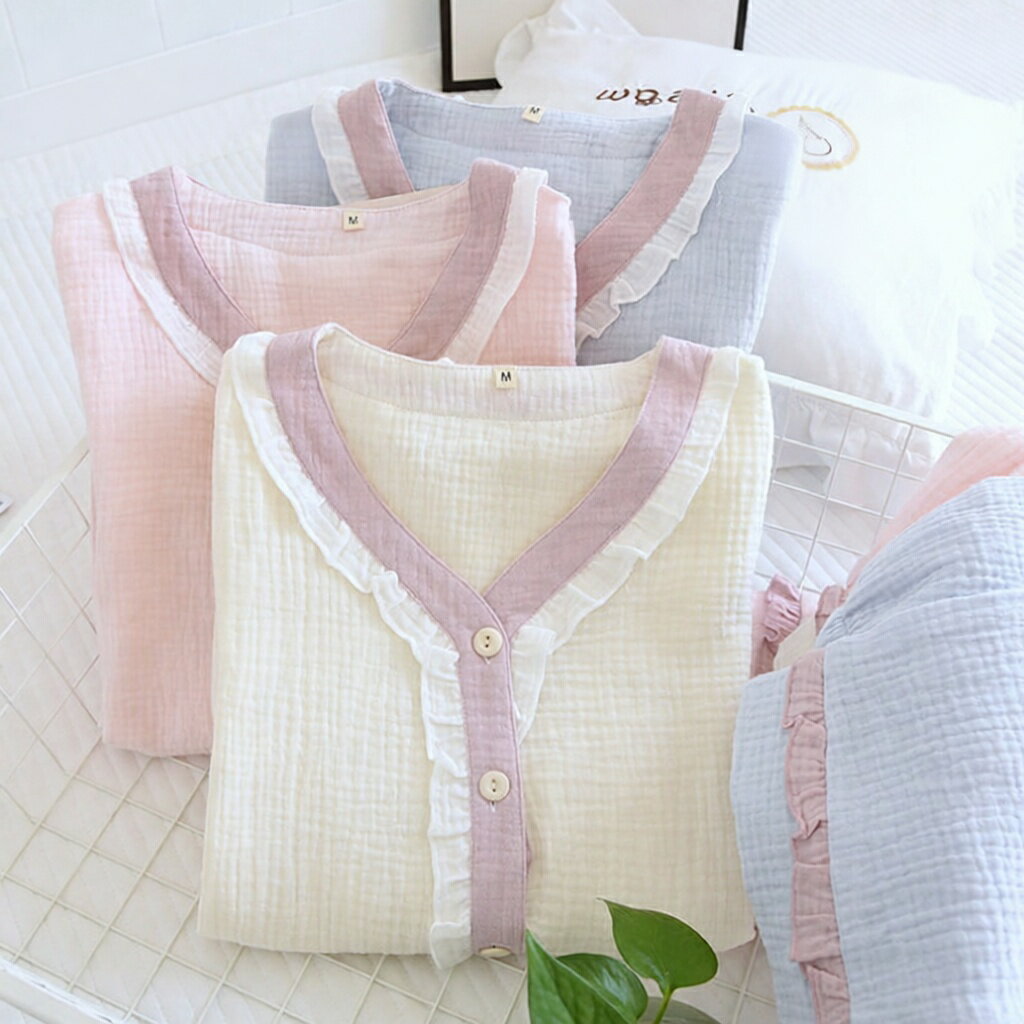 棉（棉花） - ルームウェア レディース セットアップ ダブルガーゼ 長袖 色 M L XL パジャマ 婦人服 綿100% 上下セット 前開き 女子 かわいい 無地 女の子 ジュニア コットン100 やわらか 綿 お肌に優しい Vネック フリル ピンク ライトブルー オフホワイト 透けない カジュアル おしゃれ