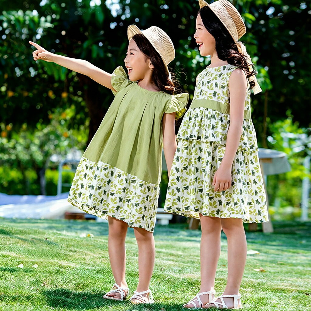 Rakuten - ワンピース 子供 ノースリーブワンピース 女の子 ガールズ キッズ 夏 お姉妹揃い お誕生日 春夏 子供服 花柄 かわいい 110cm 120cm 130cm 140cm 150cm 綿 通気グリーン 花柄 素敵 おしゃれ 幼稚園 小学生 結婚式 入園式 入学式 カジュアル 薄手 洋服 2タイプ