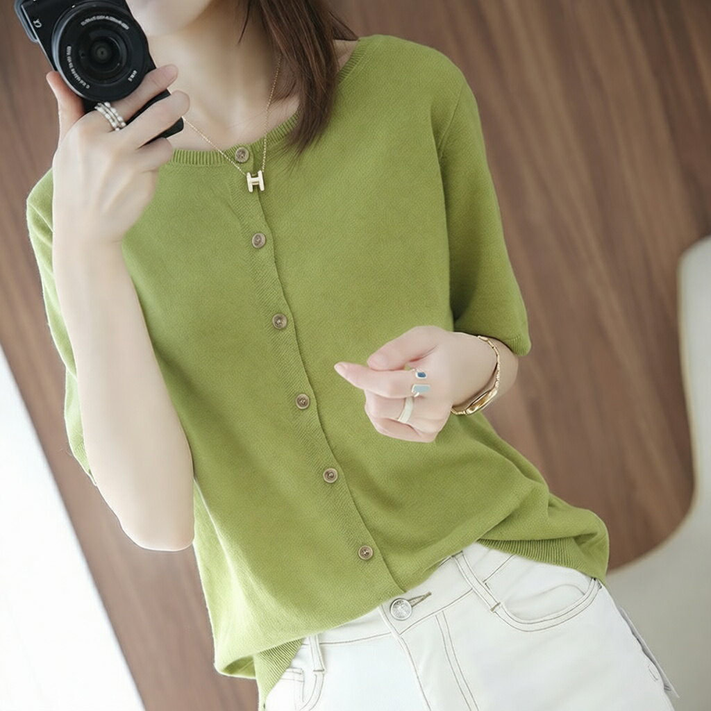 レディース 半袖 ブラウス おしゃれ トップス カットソー 半袖 ニット レディースウェア 女性 ひんやり 夏服 フォーマル エレガント お洒落 キレイ 上品 前ボタン 2WAY かわいい 通勤服 オフィス服 オフィスウェア フォーマルウェア グリーン キャメル ホワイト ブラック