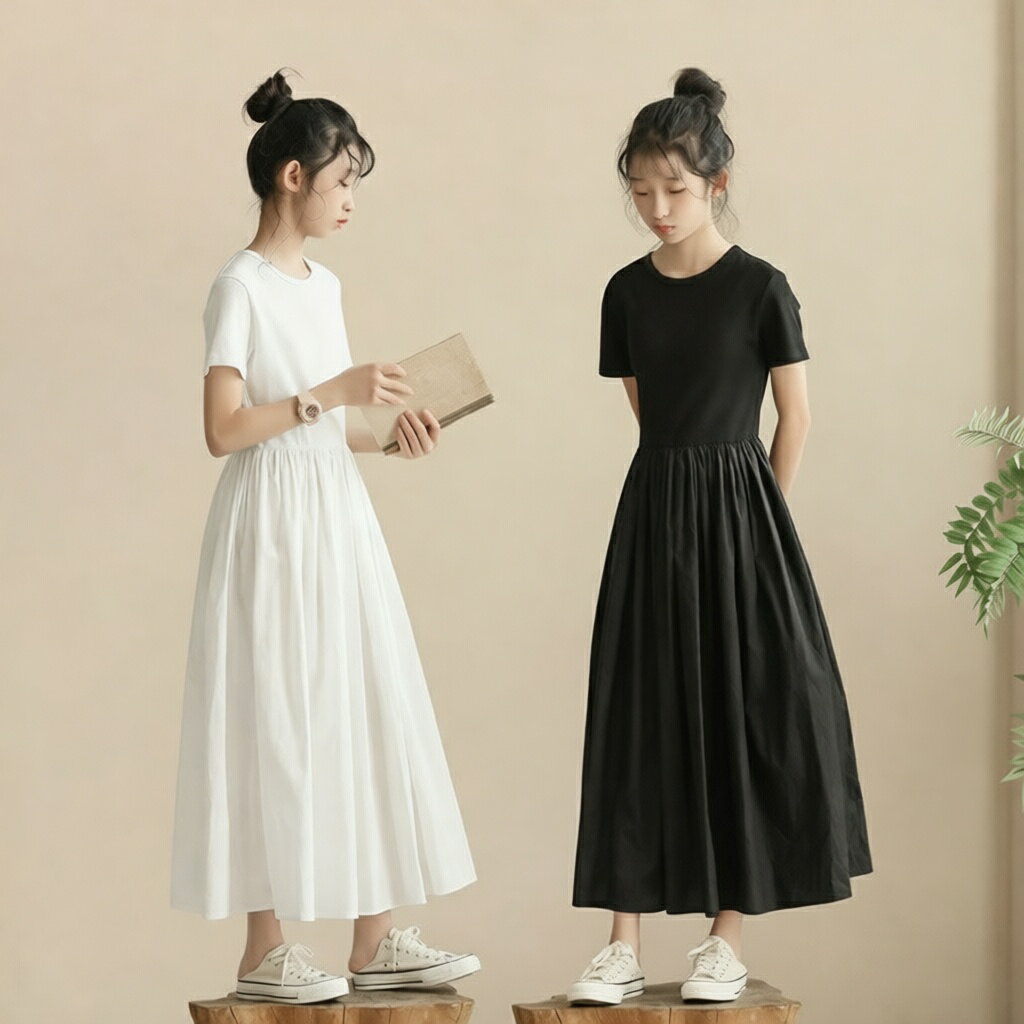 Short Sleeves - キッズ ワンピース 綿 高校生 ジュニア ワンピース 黒 白 マキシ丈 半袖 可愛い カジュアル 普段着 お出かけ きれいめ ロング丈 春夏 涼しい 透けない 美腰 シンプル 無地 上品 通気 切り替え リブ仕様 伸縮性良い 子供服 ファッション 祭り 女の子 キッズ ジュニア ギフト