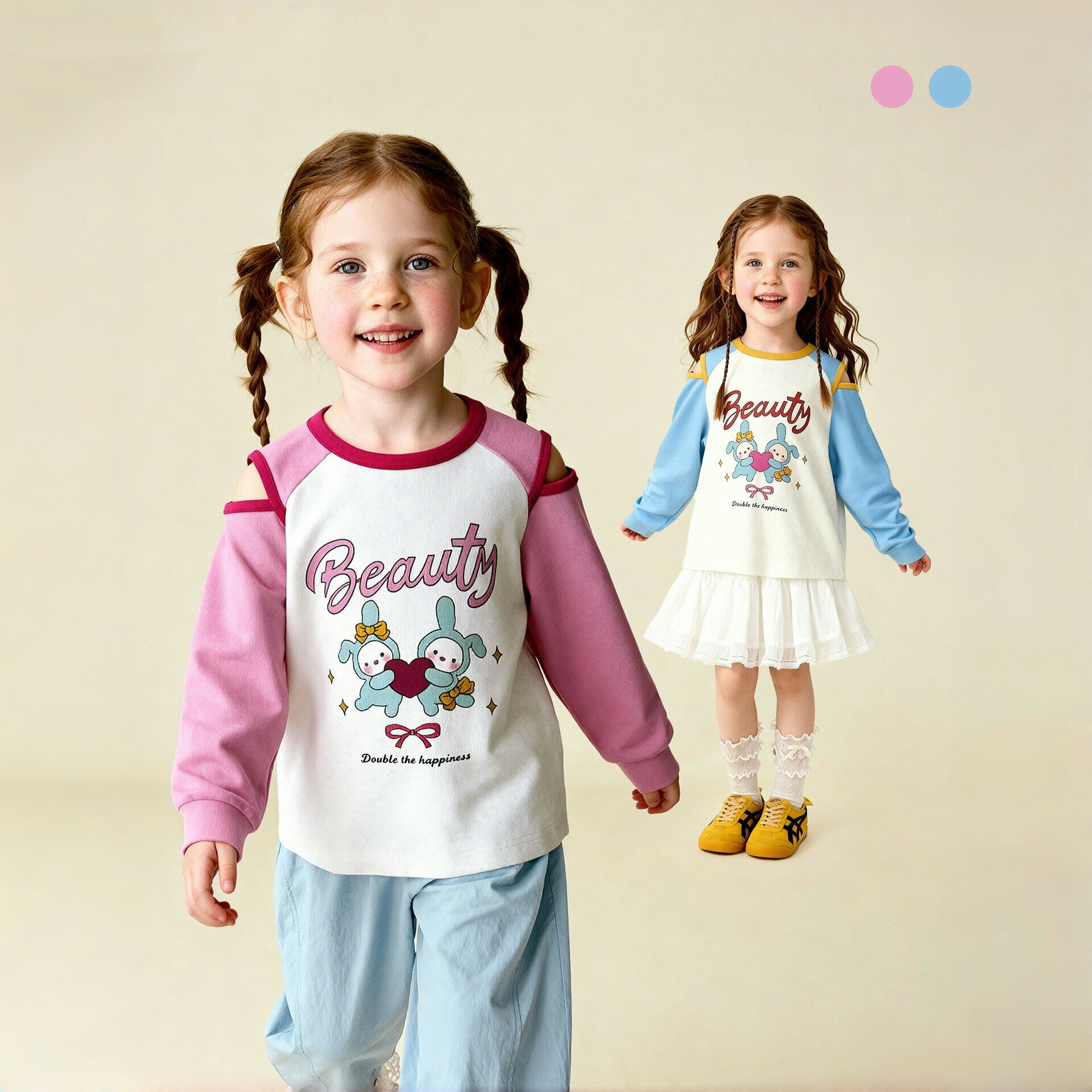 Rakuten - 長袖Tシャツ ガールズ 春秋 綿100% ピンク/ブルー 100cm-140cm 子供服 女児 通学 普段着 インナー 通気性抜群 洗濯機可