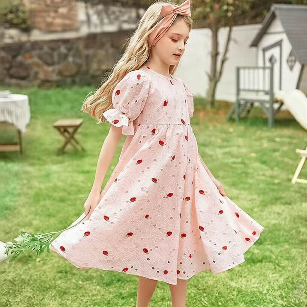Short Sleeves - ワンピース キッズ ドレス 女の子 夏 子供服 半袖 プリンセス 可愛い おしゃれ 発表会 結婚式 カジュアル ガールズ お姉妹揃い お誕生日 春夏 素敵 幼稚園 小学生 結婚式 入園式 入学式 薄手 洋服 綿 コットン 丸襟 120cm 130cm 140cm 150cm 160cm 刺繡付き ピンク 662