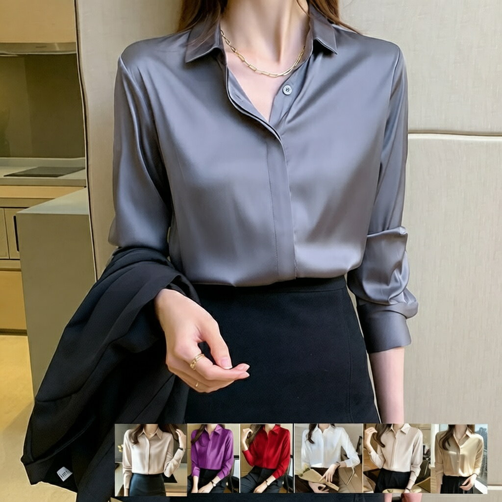 Rakuten - レディース ブラウス 光沢 襟付き 春 夏 秋 全7色 無地 フォーマル オフィス おしゃれ カットソー サテンシャツ レギュラー衿 長袖 シフォン トップス きれいめ カジュアル 通勤 小顔 ファッション 20代 30代 40代 50代 しわになりにくい かわいい