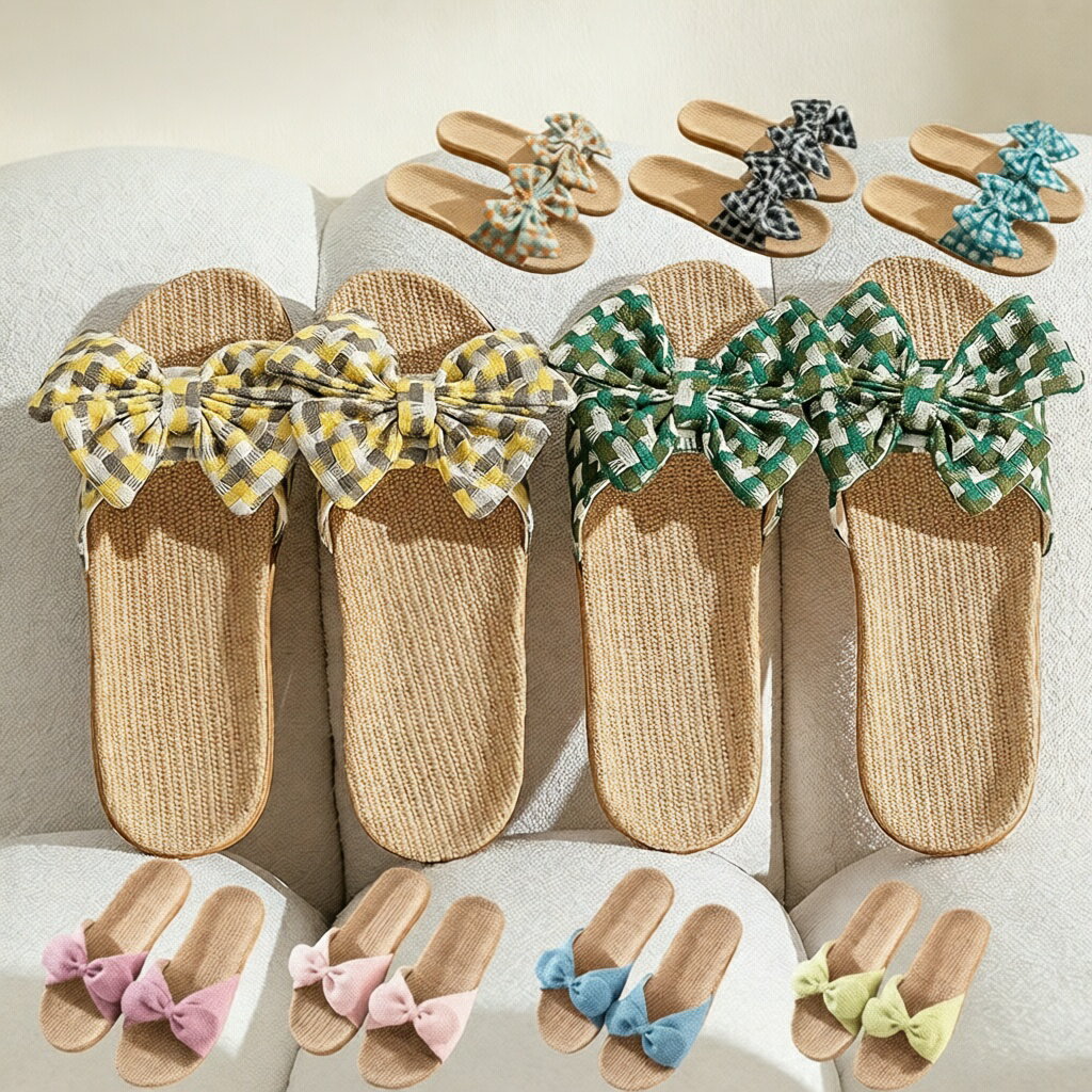 樂天商城 - スリッパ ルームシューズ レディース 女の子 全9色 23～26cm スリッパ リボン かわいい リネンスリッパ 快適 おしゃれ 婦人用 麻スリッパ リネン 麻 静音 軽い 春 夏 秋 冬 床暖房対応 室内履き 部屋シューズ シンプル 軽量 通気 蒸れない 来客用 揃い ギフト 前空き 可愛い