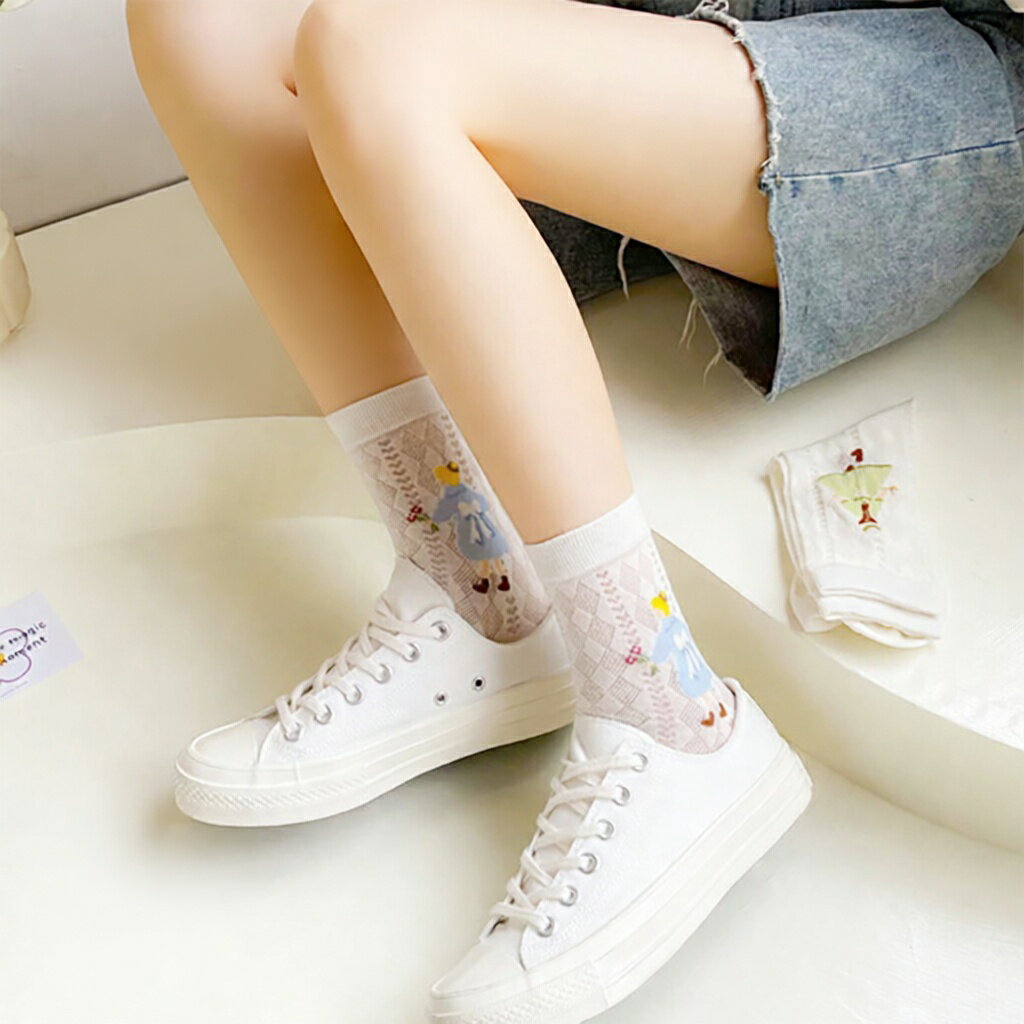 Inner Socks - ガールズソックス プリンセス柄 メッシュソックス 通気 お姫様 靴下 5足セット 靴下セット レース 後ろ姿 透かし 春服 春夏 レディース 22cm 23cm 24cm 25cm 中学生 高校生 小学生 大学生 通学 登校 オシャレ レディースファッション 可愛い 女の子 princess 春夏コーデ