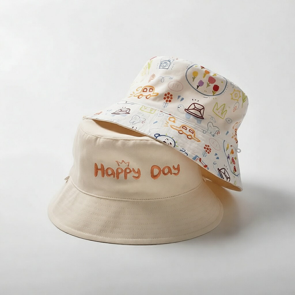 Rakuten - 帽子 キッズ ハット 女の子 男の子 リバーシブル 綿100％ UVカット happy day 可愛い 2WAY 紫外線対策 春 夏 秋 ベビー帽子 赤ちゃん コットン100％ 日よけ こども用 キャップ サファリハット おしゃれ 46cm 48cm 50cm 52cm 54cm 幼児 小学生 あご紐付き 通園 通学