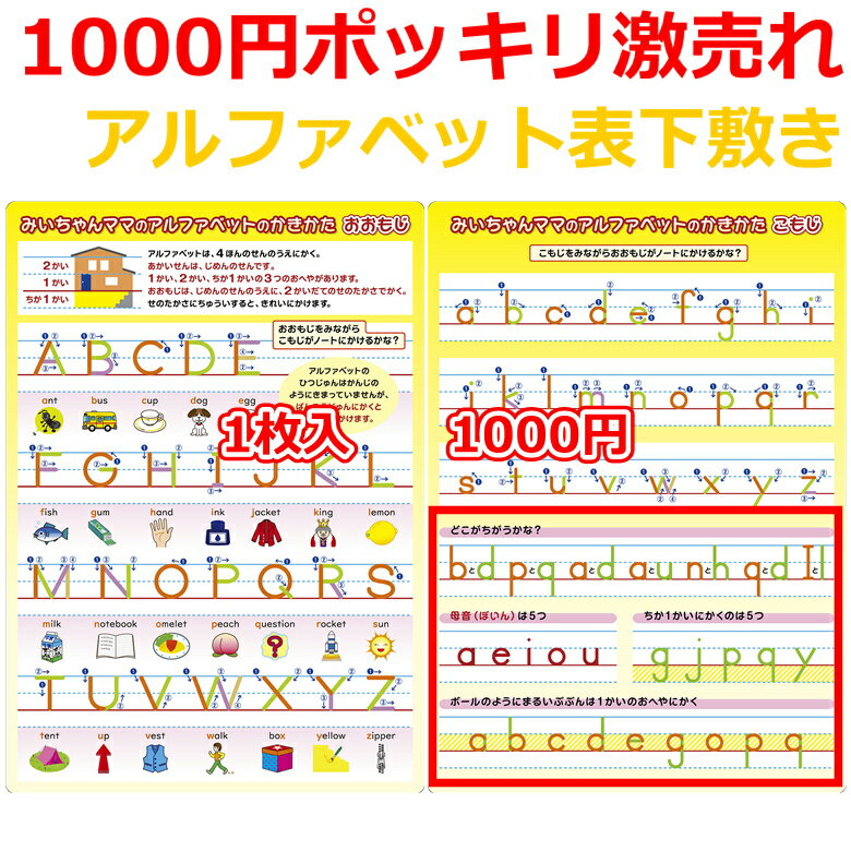 みいちゃんママのアルファベット表アルファベット書き方下敷きの効果的な使い方 1. アルファベットを書く時には4線の上に書く。 4線のおうちの絵を見せて、地下室、1階、2階のお部屋があることを教える。 2. 大文字はすべて背の高さが「2階建て」であることを教える。 例）大文字Aを指でなぞってから、ノートに鉛筆で大文字Aを書く。 3. 小文字は背の高さが2階建てのもの、1階建てのもの、地下室に入るものがあることを確認させてから、a～zまで書く。 4. 裏面の小文字を見ながら、ノートに大文字が書けるかどうかテストする。 例）小文字aを見ながら、ノートに大文字Aを書いてみる。 正しく書けたかどうかは表面の大文字Aを見て確認、答え合わせをする。 5. 表面の大文字を見ながら、小文字が書けるかどうかをテストする時には、 単語とイラスト部分を紙などで隠し見えないようにしてからテストする。 6. どこがちがうかな？：子供が書き間違いやすいアルファベットを並べて書いています。 ちがいを大きな声で言いながら書く。 まずは指でなぞって違いをしっかり感じてからノートに書く。 違いを言ってみると覚えが早くなります。（違いを言語化する） 例）「b とdはおなかの向きがちがうね。縦の棒はこっち側にあるね。」 例）「b は縦棒を書いてからおなかを書く。dはcを書いてから縦棒を書く。」 7. 地下室に書くのは5つ：地下室に入ることを意識しながら書く。 8. ボールのように丸い部分は1階に：丸いボールが地面の上に転がっているように書く。 9. 母音（ぼいん）は5つ まず最初に身につけるべき英語の発音は母音の発音ですから、 母音とはどれなのかをしっかり覚えることが非常に大事！ A～Zまでのアルファベットで、母音以外はすべて子音（しいん）です。 10.アルファベットの読み方、単語の読み方を学びたい場合は、 「お風呂にはれるみいちゃんママのフォニックスルール表とそれを読み上げているCDのお得なセット」がおすすめ。 11.フォニックスときれいな発音のコツを身につけたい場合は、「みいちゃんママのフォニックス教材5点セット」がおすすめ！1000円ポッキリ。 ＊2枚以上ご注文の場合、【お得なまとめ買いページ】はこちら 書き順が一目でわかる！ A4サイズ両面印刷の 「アルファベット表下敷き」だから、 学校でもどこにでも持って行くことができる！ 手元に置き、見ながらアルファベットを書く練習が簡単にできるので、 すぐにアルファベットが書けるようになる！ 壁に貼るアルファベット表は、 壁まで行くのがめんどくさくて不便！ ↓これなら手元に置きサクサク書けてとっても便利！ 「みいちゃんママの英語教室」オンラインレッスン生徒（5歳）幼稚園児は、 このアルファベット表書き順入り下敷きで練習したら、 たった1週間ですべてのアルファベットが書けるようになっちゃった！ ↑小文字と大文字を並べて書いていないのはなぜ？ 小文字をヒントにして大文字が書けるかどうかを、 子供一人でもテストできるようにしているから。 こうしているほうが早くアルファベットの大文字、小文字の書き分けができるようになります。 英単語をきれいな発音で読むためには、 母音（ぼいん）をきれいに発音することが最も大切。 英語発音の基礎を身につけるためにも、 母音はどれなのかをしっかり覚えておきましょう！ 母音がどれなのかを明記しているアルファベット表は、 みいちゃんママのアルファベット表、アルファベット書き方下敷きだけです。 ここでしか買えません！ 10年も連続英語スピーチコンテスト入賞！ 生徒を全国1位に導いた「みいちゃんママ」が、 ユニバーサルカラー（色覚障害を持つ方にも見やすい色）で作ったアルファベット表（書き順表示）、 「アルファベット書き方下敷き（筆順表示）」（両面印刷）。 子供（幼稚園児・小学生）におすすめ！ 学校、幼稚園、お教室単位でのご購入ならまとめ買いが非常にお得！ ユニバーサルカラーを使っているから、 ■色覚障害を持つお子様でも安心で使いやすい！ ■わかりやすい！ ■目が疲れない！ ■汚れや水をはじく加工をしているのできれいで長持ち。 ■ユニバーサルカラーで制作されたアルファベット表、アルファベット書き方下敷きは、 ここでしか買えません！ ↓書き順（筆順）ごとに色を変えているので幼稚園児でもパッと見てきれいに書ける！ ↓筆順は数字を見てもすぐわかる！ ↓アルファベットの筆順は漢字のように決まってはいませんが、 数字の順番で書くと、あら不思議！ 幼稚園児でもきれいに書けるんです！ 「みいちゃんママの英語教室」オンラインレッスン生徒（5歳）幼稚園児は、 このアルファベット表筆順入り下敷きで練習したら、 たった1週間ですべてのアルファベットが書けるようになりました！ ↓小文字と大文字を並べて書いていないのはなぜ？ 小文字をヒントにして大文字が書けるかどうかを、 子供一人でもテストできるようにしているから。 こうしているほうが、 アルファベットの大文字、小文字を早く書き分けられるようになります。 アルファベット小文字の書き順もわかりやすい！ ↓子供が書き間違いやすいのがこれ！ 間違いやすいものを見比べることができれば、 子供はすぐに正しく書けるようになります。 ↓子供が書き間違えるのは地下室に書くアルファベット5つ。 たった5つしかないので、 ここを見ればすぐに書けちゃいます。 ↓ボールみたいな丸い部分があるアルファベットは9つだけ。 「ボールは全部1階のお部屋に書く。」と教えれば、 幼稚園児でもすぐに書けるようになります。 検索キーワード アルファベット 表 アルファベット表 一覧表 下敷き 書き順 筆順 書き方 色 カラー 数字 大文字 小文字 ユニバーサルカラー ユニバーサルデザイン 色覚障害 色覚異常 色弱 色盲 わかりやすい 見やすい 子供 幼児 幼稚園 園児 小学生 保育園 おすすめ A4 両面印刷 ポスター まとめ買い 安い お得 激安 バーゲン セール 学校 小学校 英語 教材 書き ランキング1位 人気 みいちゃんママ 1000円ポッキリ 1000円ぽっきり 練習 学習 初心者 練習帳 教育 入門 英語 アルファベット書き方 アルファベット書き方表 アルファベット書き方練習 アルファベット書き方ネイティブ アルファベット書き方大文字アルファベット書き方小文字 アルファベット書き順 アルファベット書き順小学校 アルファベット書き順プリント アルファベット書き順ネイティブアルファベット書き順ない アルファベット書き順変わった アルファベット書き順表 アルファベット書き順文部科学省 アルファベット書き順文科省 アルファベット書き順動画 アルファベット一覧 アルファベット書体 アルファベット書く練習