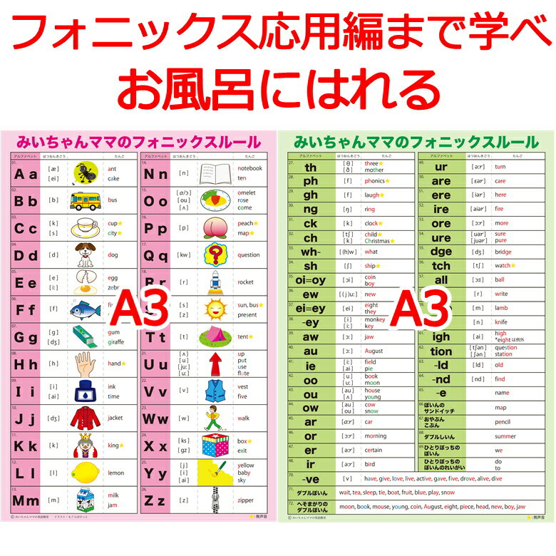 お風呂にはれるフォニックスルール表一覧表アルファベット表 英語 学習ポスター 大人のフォニックス一覧表 子供 小学生 初心者【お風呂にはれるみいちゃんママのフォニックスルール表】発音の仕方 発音記号 発音表 ルール 覚え方 いくつ 表記 楽天 教材カタカナ 応用編　基礎の商品画像