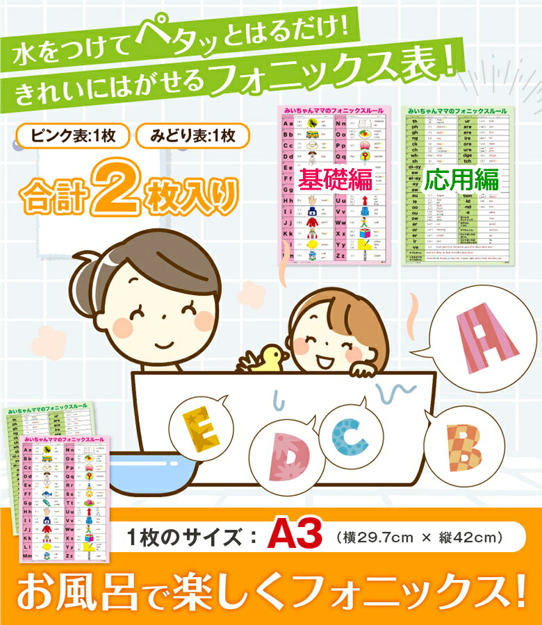 みいちゃんママの英語教室のみいちゃんママのお風呂にはれるフォニックス表英語ポスター｜楽しくフォニックス＆アルファベットトレーニング。フォニックス応用編まで書かれているから大きな声で読み上げるとフォニックスがドンドン身につき単語がスラスラ読める。発音記号もマスターできる。子供小学生｜アングル3