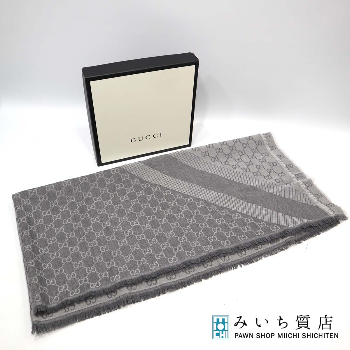 グッチ マフラー（レディース） 質屋 グッチ GUCCI ストール ショール マフラー グレー GG柄 大判 135cm ウール シルク フリンジ 防寒 H2863 みいち質店