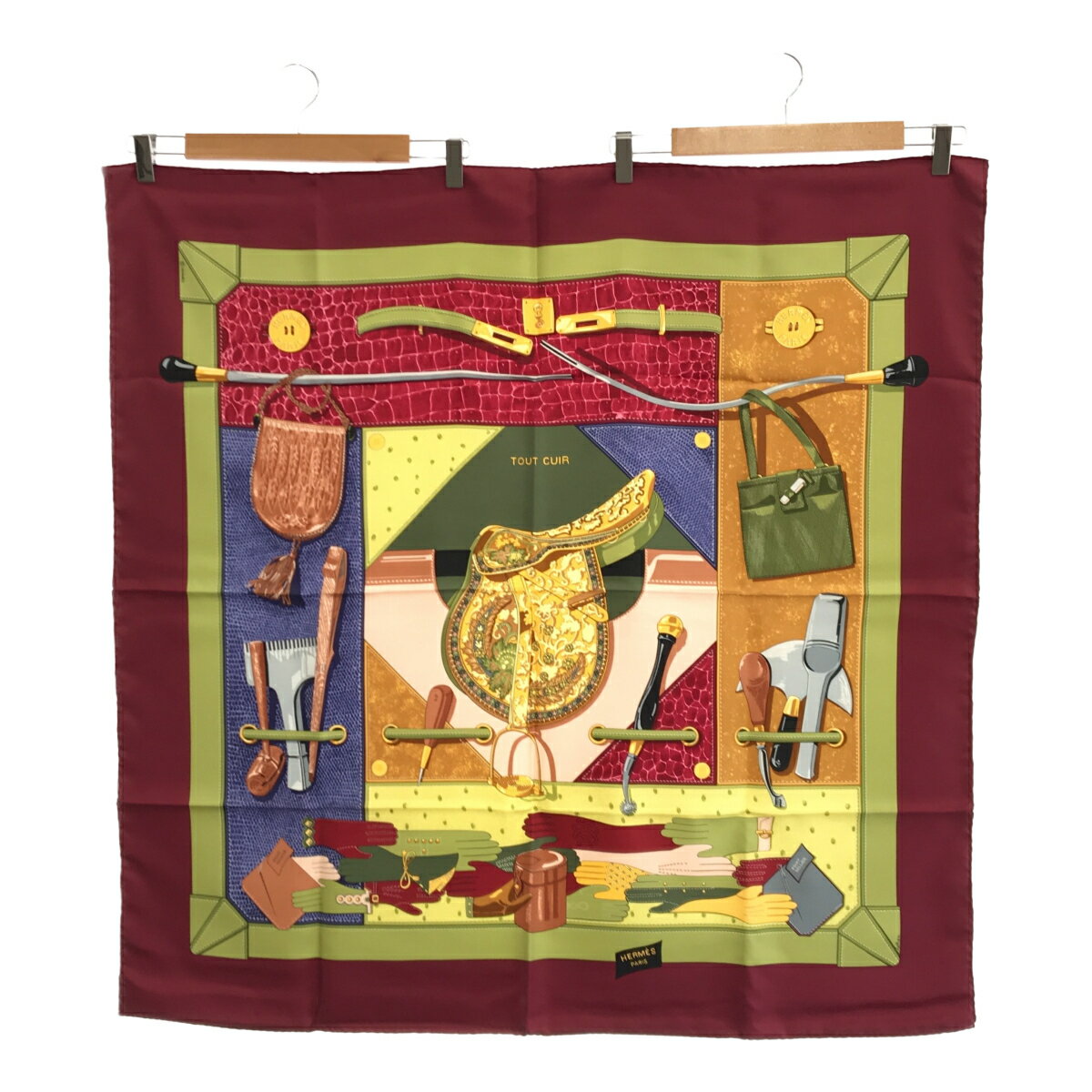 質屋 エルメス HERMES カレ90 スカーフ TOUT CUIR すべて皮 革 シルク 赤 緑 グリーン H9790 みいち質店