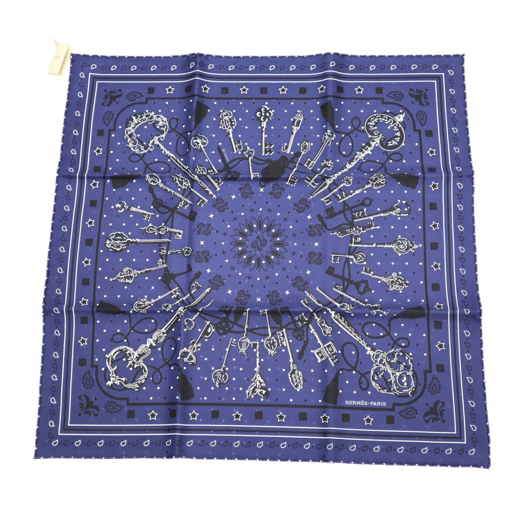 質屋 未使用 HERMES エルメス カレ55 バンダナ LES CLES レ・クレ スカーフ シルク100％ ネイビー系 H11266 みいち質店のサムネイル