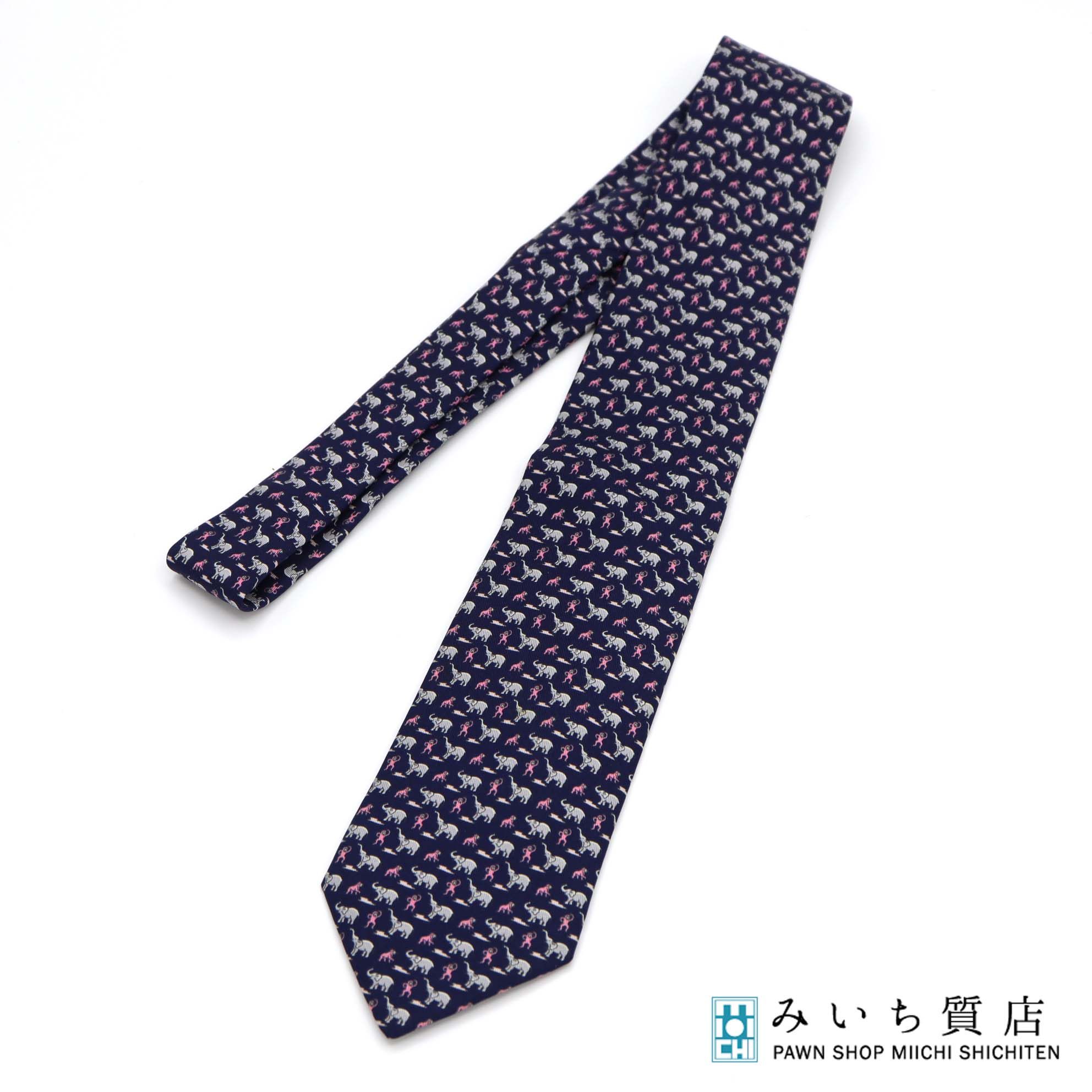 質屋 HERMES エルメス ネクタイ 605678 象 猿柄 シルク100％ ネイビー メンズ 服飾小物 21k366-2 みいち質店