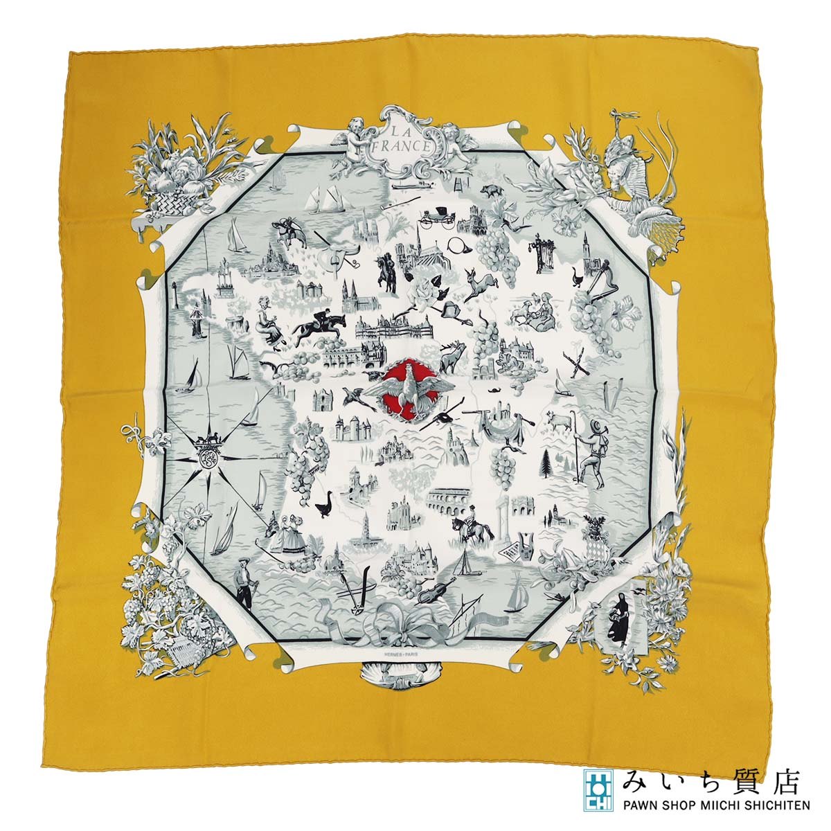 Silk - 質屋 HERMES エルメス カレ70 スカーフ LA FRANCE 1959年デザイン シルク100％ イエロー H18947-5 みいち質店