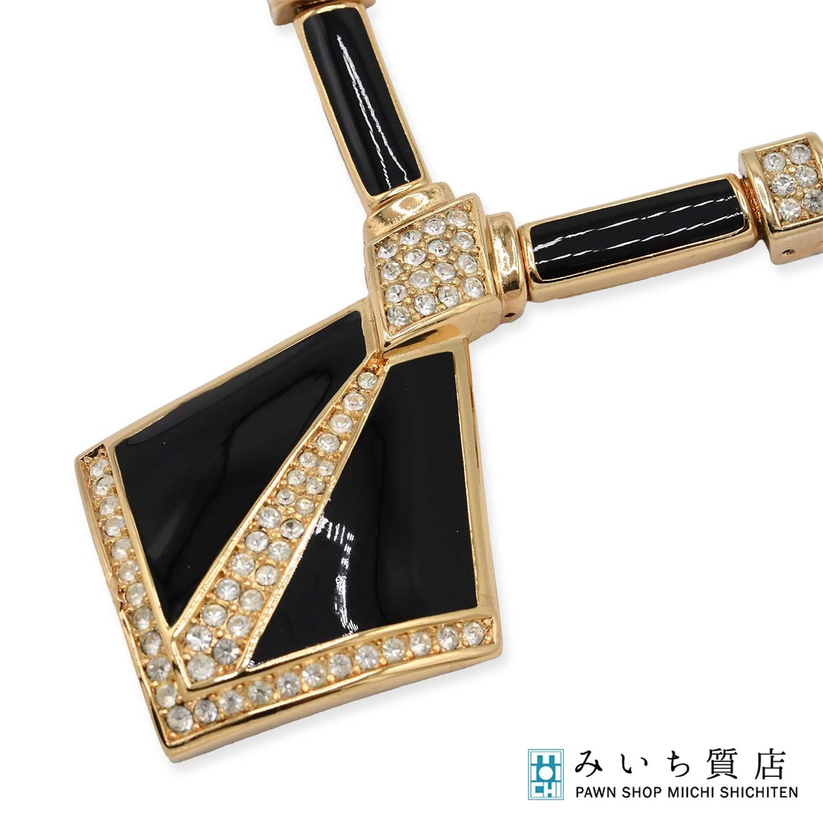 質屋 Christian Dior クリスチャンディオール ネックレス オニキス ラインストーン 約61g ゴールドカラー アクセサリー 箱有 k691 みいち質店