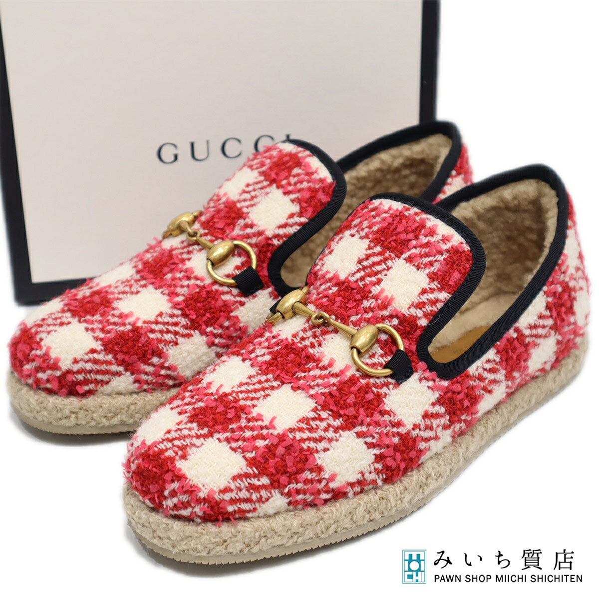 Rakuten - 質屋 未使用 GUCCI グッチ 575850 ローファー ホースビット チェック ツイード レッド 36 1/2サイズ レディース 箱有 H9375 みいち質店
