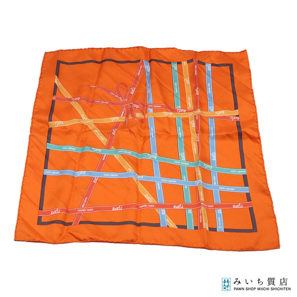質屋 HERMES エルメス ハンカチ カレ45 プチカレ リボン ボルデュック柄 シルク100 オレンジ H23800 みいち質店