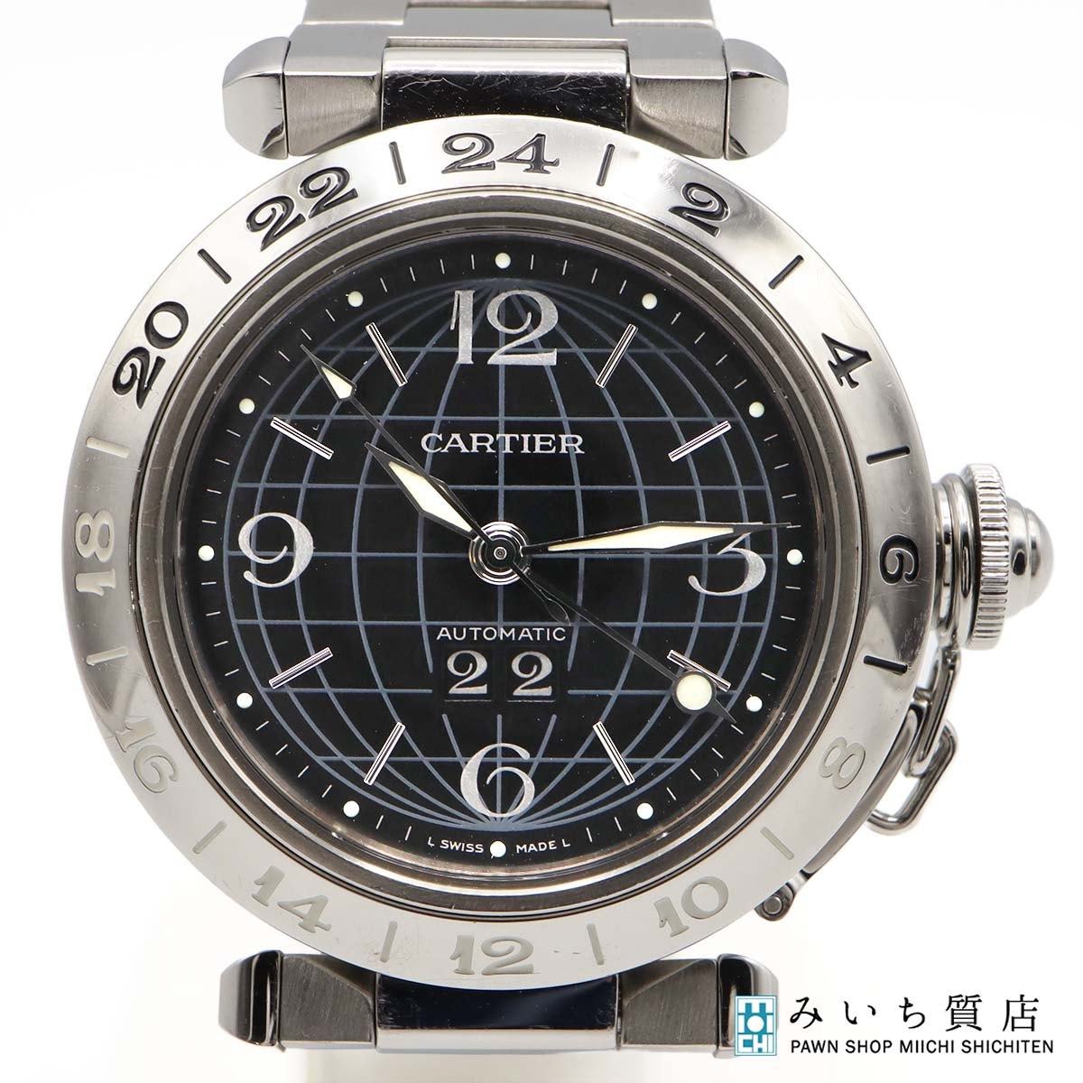 質屋 稼働 腕時計 Cartier カルティエ パシャC メリディアン GMT ビッグデイト W31049M7 自動巻き 黒色文字盤 M3795 みいち質店