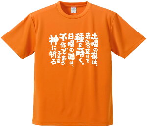 おもしろTシャツ みかん箱 【土曜の夜は若気の至りで種を蒔く日曜の朝は不作であることを神に祈る】 ドライ生地 ポリエステル 文字Tシャツ プレゼント ふざけtシャツ 格言 名言 語録