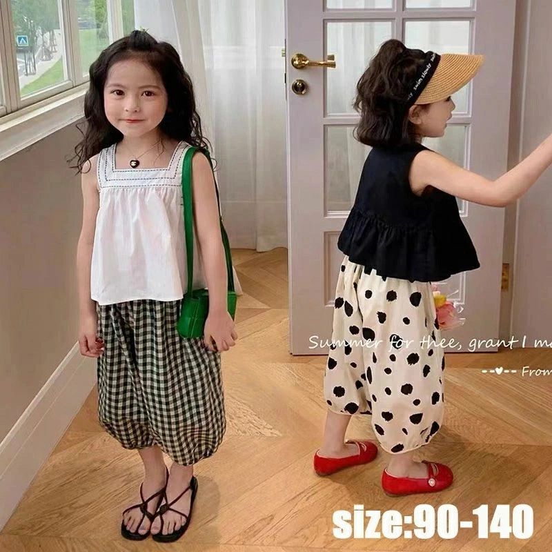 韓国子供服 セットアップ 女の子 夏 ノースリーブ タンクトップツ ズボン チェック柄 ドット 水玉 ニッカボッカ 七分丈パンツ ゆったり