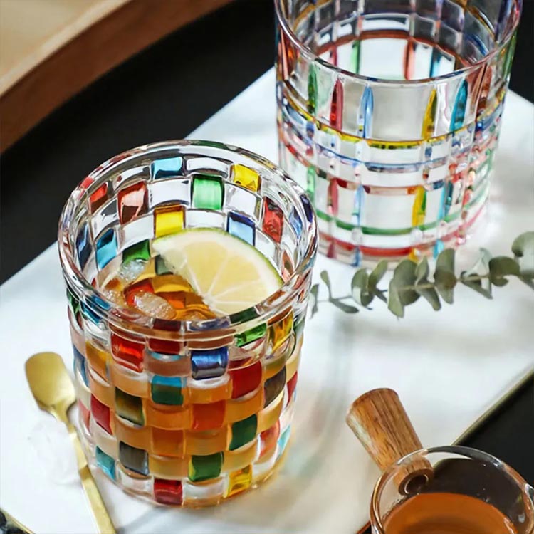 乐天商城 - ドリング タンブラー 虹色 ガラスコップ コップ 3個セット タイル柄 320ml アンティーク ガラス カラフル クリア 透明 ガラスカップ グ