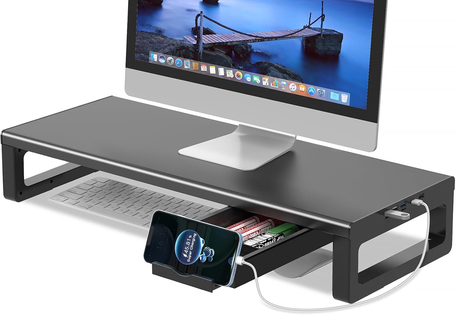 モニター台 USB2.0/3.0データ転送付き 机上台 USB/TYPE-C充電付き ディスプレイ 台 引き出しとスマホホルダー付き パソコン 台 モニタースタンド ノートパソコン/プリンター/iMac/タブレットパソコンに適用 耐荷重25kg