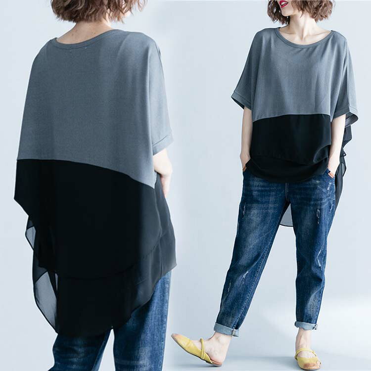 乐天商城 - Tシャツ レディース 半袖 ゆったり カジュアル 大きいサイズ ロング丈 カットソー 半袖 レディース きれいめ バイカラー コットン シフォン お尻カバー 体型カバー フェミニン 20代 30代 40代 50代 春夏 カジュアルウェア