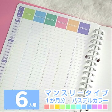 【1か月分】A5 B5 A4 家族用 高校生 高校生用 大人かわいい 2020年 4月始まり 6月始まり スケジュール帳 手帳 カレンダー ファミリーカレンダー 一行日記 メモ ◆ 6人用 マンスリー パステルカラー ルーズリーフ で作ろ♪ みんなのスケジュール【ルーズリーフ1枚のみ】