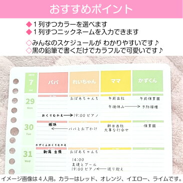ルーズリーフで作ろ♪ウィークリーN 12か月分 5人用 大人かわいいパステルカラー 名入れ手帳/家族みんなのスケジュール帳/カレンダー/ダイアリー/可愛いママノート/家計簿/献立表/おこづかい帳 A5/B5/A4 2020年4月始まりもOK 日曜始まり/月曜始まり【ルーズリーフのみ】