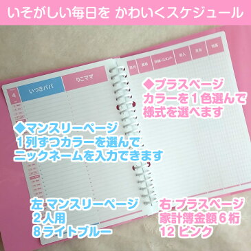 ルーズリーフで作ろ♪2人用 マンスリープラス 12か月分 パステルカラー みんなのスケジュール帳/大人かわいい名入れ手帳/カレンダー/ファミリーダイアリー/家計簿/お小遣い帳/方眼/可愛いママノート/TODOリスト A5/B5/A4 2020年5月始まりもOK【ルーズリーフ12枚のみ】