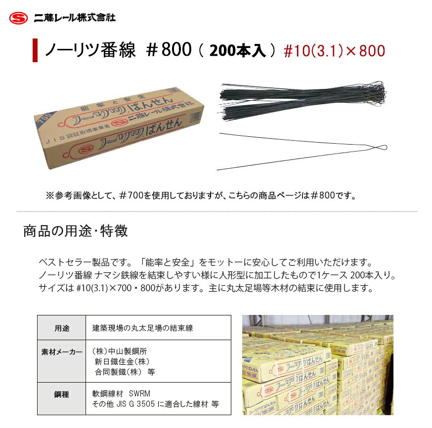 二藤 ノーリツ番線 #800 200本入 【#10(3.1)×800】 (二藤レール 番線 つくり番線 ...
