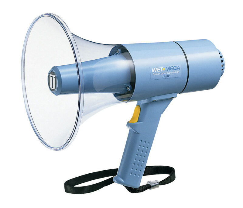 ●視界がクリアー、雨でも使える最大20Wのスタイリッシュな新型デザイン。 ●防塵・防水性能IP54です。 ●パワーアップしたクリアーな音質はシャープに遠くまで声を伝えます。 ●トークスイッチ操作はワンハンド・ワンタッチ。バランスのとれたグリップは軽く、手にフィットします。 ●クリアーホーンと本体は、軽くて丈夫な高耐候性ASA樹脂製です。 使用電源：単2形乾電池 6個 出力：（最大）20W　（定格）15W 通達距離：（音声）約315m[JEITA] 電池持続時間：（音声）約18時間[JEITA] 寸法：φ208mm 長さ320mm（グリップ含まず） 質量：約1.1kg（乾電池を除く）