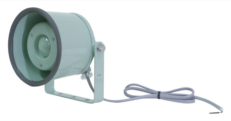 ●船舶用として船内作業指令・案内放送などに最適。耐食・耐侯性にも優れた性能を発揮します。 ●ローインピーダンスタイプ。 定格入力：10W 定格インピーダンス：8Ω 出力音圧レベル：100dB(1W/1m) 再生周波数帯域：500Hz〜5kHz 寸法：（口径）φ145mm×長さ135mm 質量：約1.3kg 外装：マンセル2.5G7/2近似色ライトグリーン（耐塩塗装）