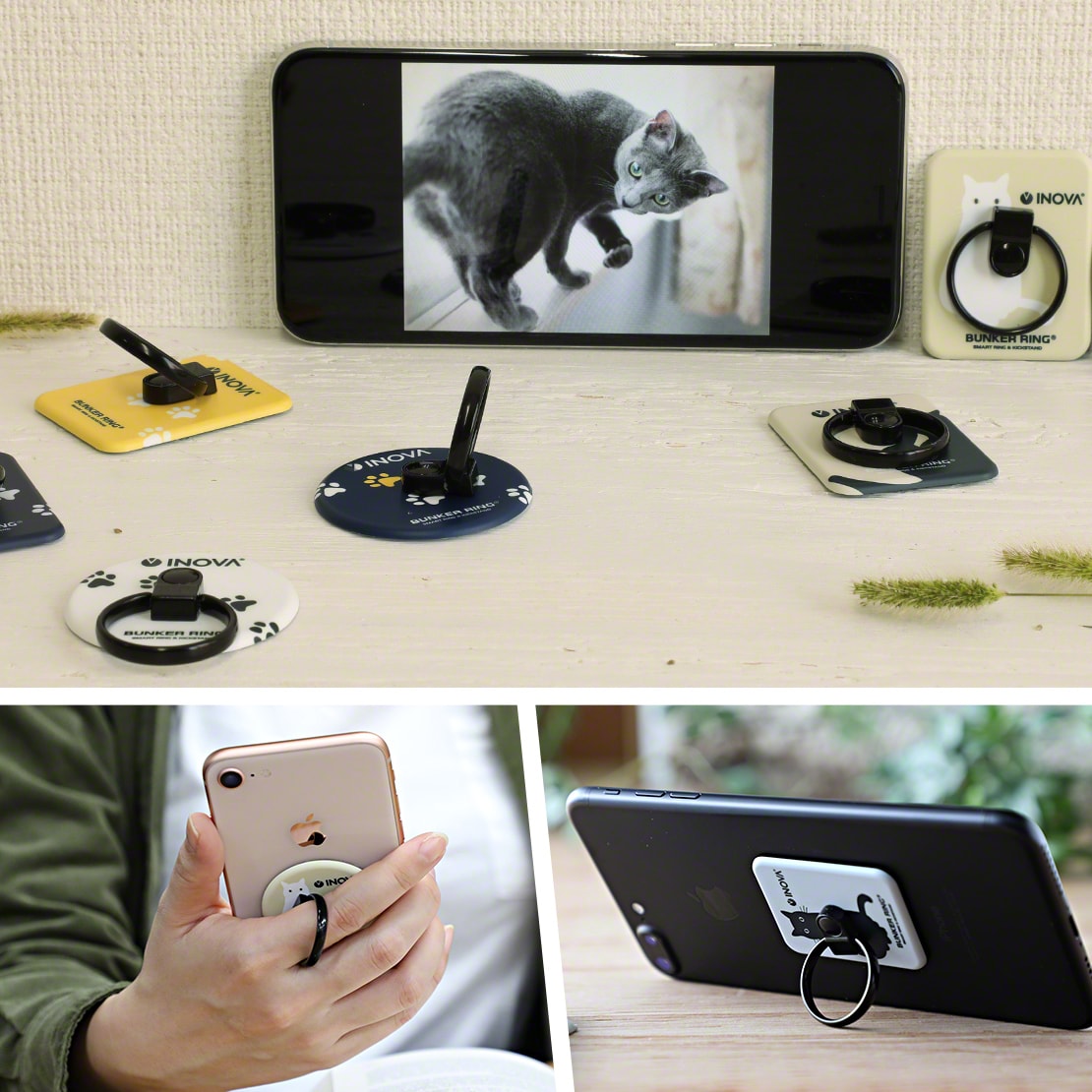 スマホリング バンカーリング INOVA BUNKER RING スマホスタンド 落下防止 リングホルダー スマホ スタンド おしゃれ かわいい 猫 ねこ ドット シンプル iPhone タブレット 車載ホルダー 在宅
