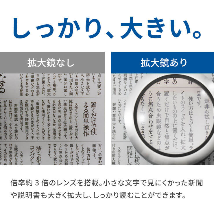 拡大鏡 ルーペ スモリアTZC レンズ 倍率 最大で4.8倍 ズームレンズで 変倍できる ピント調整不要のデスクルーペ LED搭載で手元も明るく電池交換不要の充電タイプの 卓上 ルーペ LED拡大鏡 smolia フレクシズ