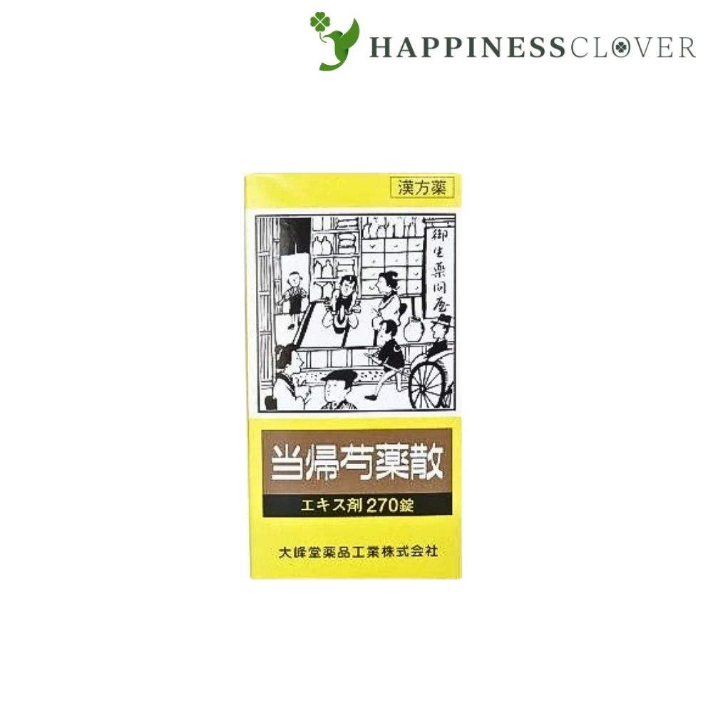 《効能・効果》体力虚弱で，冷え症で貧血の傾向があり疲労しやすく，ときに下腹部痛，頭重，めまい，肩こり，耳鳴り，動悸などを訴えるものの次の諸症：月経不順，月経異常，月経痛，更年期障害，産前産後あるいは流産による障害（貧血，疲労倦怠，めまい，むくみ），めまい・立ちくらみ，頭重，肩こり，腰痛，足腰の冷え症，しもやけ，むくみ，しみ，耳鳴り《成分及び分量》当帰芍薬散エキス錠OMの1日量(9錠)中には下記生薬より得た当帰芍薬散エキス(1/2量)2200mgを含む。トウキ・・・・・1.5g ブクリョウ・・・・2.0gセンキュウ・・・1.5g ビャクジュツ・・・2.0gシャクヤク・・・3.0g タクシャ・・・・・2.0g添加物として、クロスカルメロースナトリウム(クロスCMC-Na)，カルメロースカルシウム(CMC-Ca)，無水ケイ酸，ステアリン酸マグネシウム，セルロース，ヒプロメロース(ヒドロキシプロピルメチルセルロース)，マクロゴール，酸化チタン，タルク，黄色5号，カルナウバロウを含有する。《用法及び用量》次の量を1日3回食前又は食間に，水又は白湯にて服用してください。年齢 1回量 1日服用回数成人（15歳以上） 3錠 3回15歳未満5歳以上 2錠5歳未満 服用しないこと《用法・用量に関連する注意》（1）用法・用量を厳守してください。（2）小児に服用させる場合には，保護者の指導監督のもとに服用させてください。《使用上の注意》・相談する事1．次の人は服用前に医師，薬剤師又は登録販売者に相談すること　（1）医師の治療を受けている人。　（2）胃腸の弱い人。　（3）今までに薬などにより発疹・発赤，かゆみ等を起こしたことがある人。2．服用後，次の症状があらわれた場合は副作用の可能性があるので，直ちに服用を中止し，この文書を持って医師，薬剤師又は登録販売者に相談すること関係部位 症状皮膚 発疹・発赤，かゆみ消化器 食欲不振，胃部不快感3．1ヵ月位服用しても症状がよくならない場合は服用を中止し，この添付文書を持って医師，薬剤師又は登録販売者に相談して下さい。《保管及び取扱い上の注意》（1）直射日光の当たらない湿気の少ない涼しい所に保管してください。（ビン包装の場合は，密栓して保管してください。）（2）小児の手の届かない所に保管してください。（3）他の容器に入れ替えないでください。（誤用の原因になったり品質が変わる。）（4）使用期限を過ぎた製品は服用しないでください。製造販売元　大峰堂薬品工業株式会社(奈良県大和高田市根成柿574)