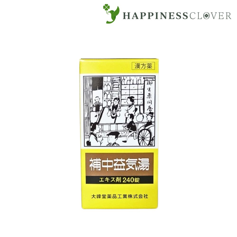 【効果・効能】体力虚弱で，元気がなく，胃腸の働きが衰えて，疲れやすいものの次の諸症：虚弱体質，疲労倦怠，病後・術後の衰弱，食欲不振，ねあせ，感冒【成分(12錠中)】 　補中益気湯エキス(1／2量) 2370mg ニンジン 2g ビャクジュツ 2g オウギ 2g トウキ 1.5g タイソウ 1g サイコ 1g チンピ 1g カンゾウ 0.75g ショウキョウ 0.25g ショウマ 0.5g添加物 ステアリン酸マグネシウムカルメロースカルシウム(CMC-Ca)セルロースメタケイ酸アルミン酸マグネシウム水酸化アルミナマグネシウム乳糖【使用上の注意】■相談すること1．次の人は服用前に医師，薬剤師又は登録販売者に相談してください。　（1）医師の治療を受けている人。　（2）妊婦又は妊娠していると思われる人。　（3）今までに薬などにより発疹・発赤，かゆみ等を起こしたことがある人。2．服用後，次の症状があらわれた場合は副作用の可能性があるので，直ちに服用を中止し，この添付文書を持って医師，薬剤師又は登録販売者に相談してください。［関係部位：症状］皮膚：発疹・発赤，かゆみ　まれに次の重篤な症状が起こることがあります。その場合は直ちに医師の診療を受けてください。［症状の名称：症状］間質性肺炎：階段を上ったり，少し無理をしたりすると息切れがする・息苦しくなる，空せき，発熱等がみられ，これらが急にあらわれたり，持続したりする。肝機能障害：発熱，かゆみ，発疹，黄疸（皮膚や白目が黄色くなる），褐色尿，全身のだるさ，食欲不振等があらわれる。3．1ヵ月位（感冒に服用する場合には5〜6日間）服用しても症状がよくならない場合は服用を中止し，この添付文書を持って医師，薬剤師又は登録販売者に相談してください。【用法・用量】1回15才以上4錠，14〜7才3錠，6〜5才2錠，1日3回食前又は食間5才未満は服用しない【用法に関する注意】（1）用法・用量を厳守してください。（2）小児に服用させる場合には，保護者の指導監督のもとに服用させてください。【保管及び取り扱いに関する注意】（1）直射日光の当たらない湿気の少ない涼しい所に密栓して保管してください。（2）小児の手の届かない所に保管してください。（3）他の容器に入れ替えないでください（誤用の原因になったり，品質が変わることがあります）。（4）使用期限を過ぎた製品は服用しないでください。（5）本剤は天然物を原料としているため，色調，味又は香り等に多少の差異が出ることがありますが，効果には変わりがありませんので安心して服用してください。【問い合わせ先】 大峰堂薬品工業株式会社〒635-0051　奈良県大和高田市根成柿574消費者相談窓口（0745）22-3601（代）9：00〜17：00（土，日，祝日を除く）