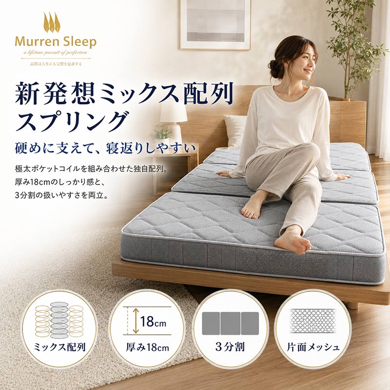 折りたたみ マットレス ダブル 高反発 18cm ミックス配列で寝返り抜群 夏冬快適 リバーシブル ポケットコイル 三つ折り 3分割 分割可能 腰痛対策 抗菌防臭 ニット生地 ミューレンスリープ K-GEN3D