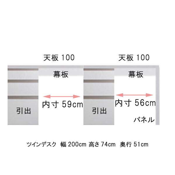 ツインデスク 幅200 奥行51 高さ74cm ブラウンBR ホワイトWH PCデスク 机 PC机 パソコンデスク パソコン机 日本製 国産 オフィステーブル オフィス机 オフィスデスク つくえ ツクエ 北欧 モダン 書斎机 書斎用 事務所 会議室 送料無料【QSM-50K】