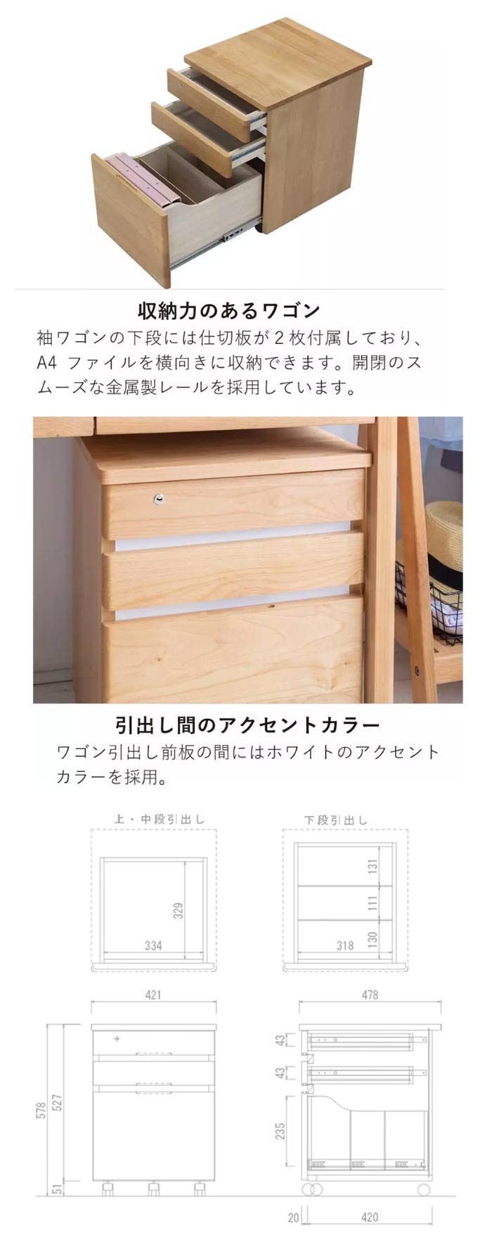 ワゴン単体 幅42.1cm 【ポイント10倍】アルダー材 自然塗料 無垢材 引出し 日本製 ...