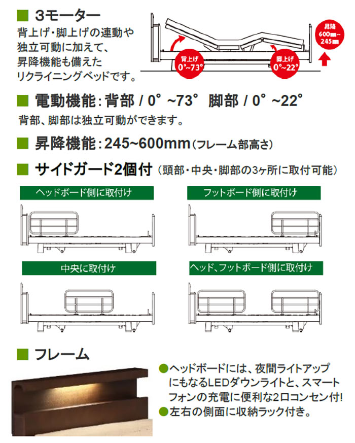 クレセント家具&マットレスの電動ベッド リクライニング 3モーター電動ベッド セブレート ライト付き 収納 宮付き サイドガード 2 個付 昇降 機能付き 介護 支援 シングルベッド 介護ベッド リラックス シングル ベッド マットレス付き /別 WeDOStyle (ウィドゥ・スタイル)【開梱設置配送】SOK｜アングル3