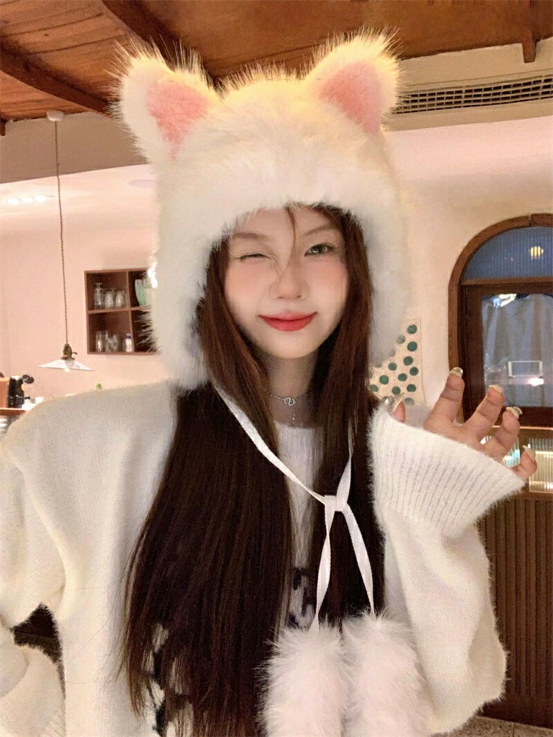 ふわふわ 韓国風 猫耳 3色 被り物 耳付き もふもふ 帽子 フリーサイズ