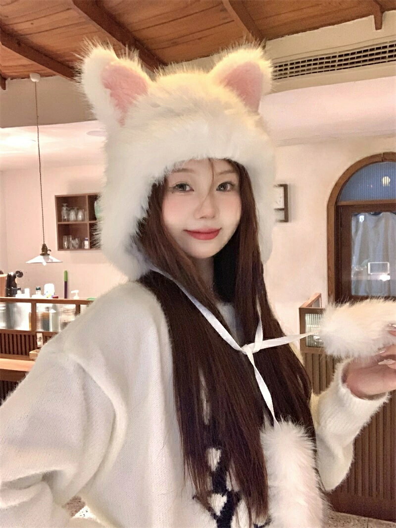 ふわふわ 韓国風 猫耳 3色 被り物 耳付き もふもふ 帽子 フリーサイズ