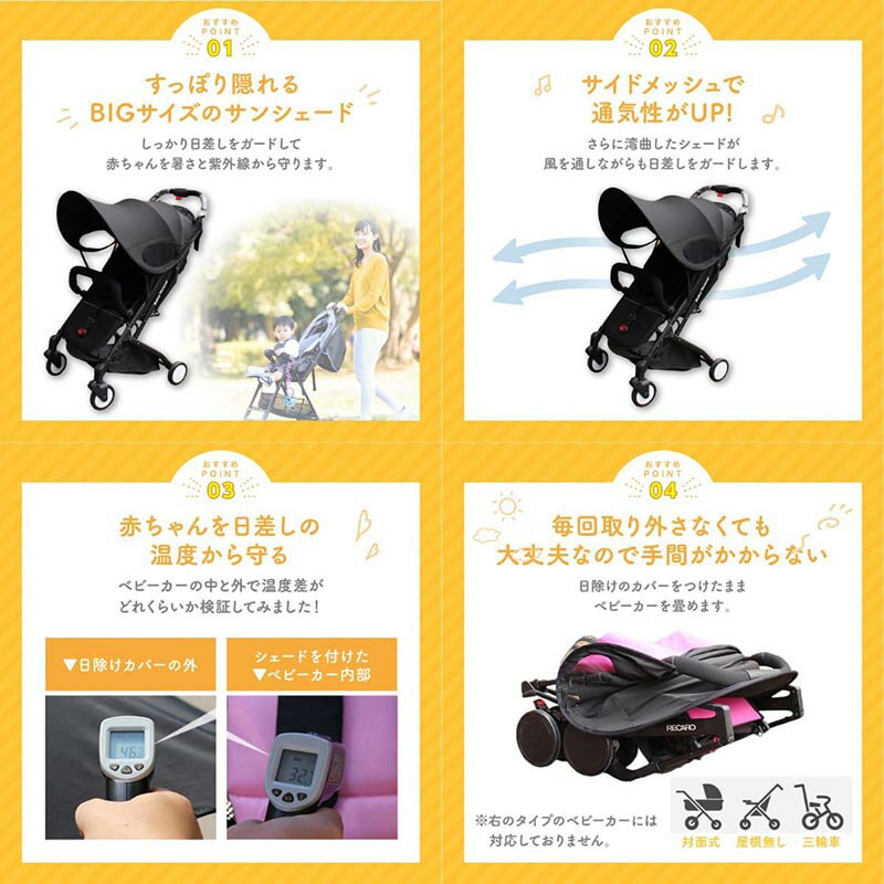 ベビーカー 日除け サンシェード 日よけカバー お出かけ 紫外線対策 暑さ対策 UVカット 取付簡単 折りたたみ 収納 便利 ベビー 赤ちゃん メッシュ