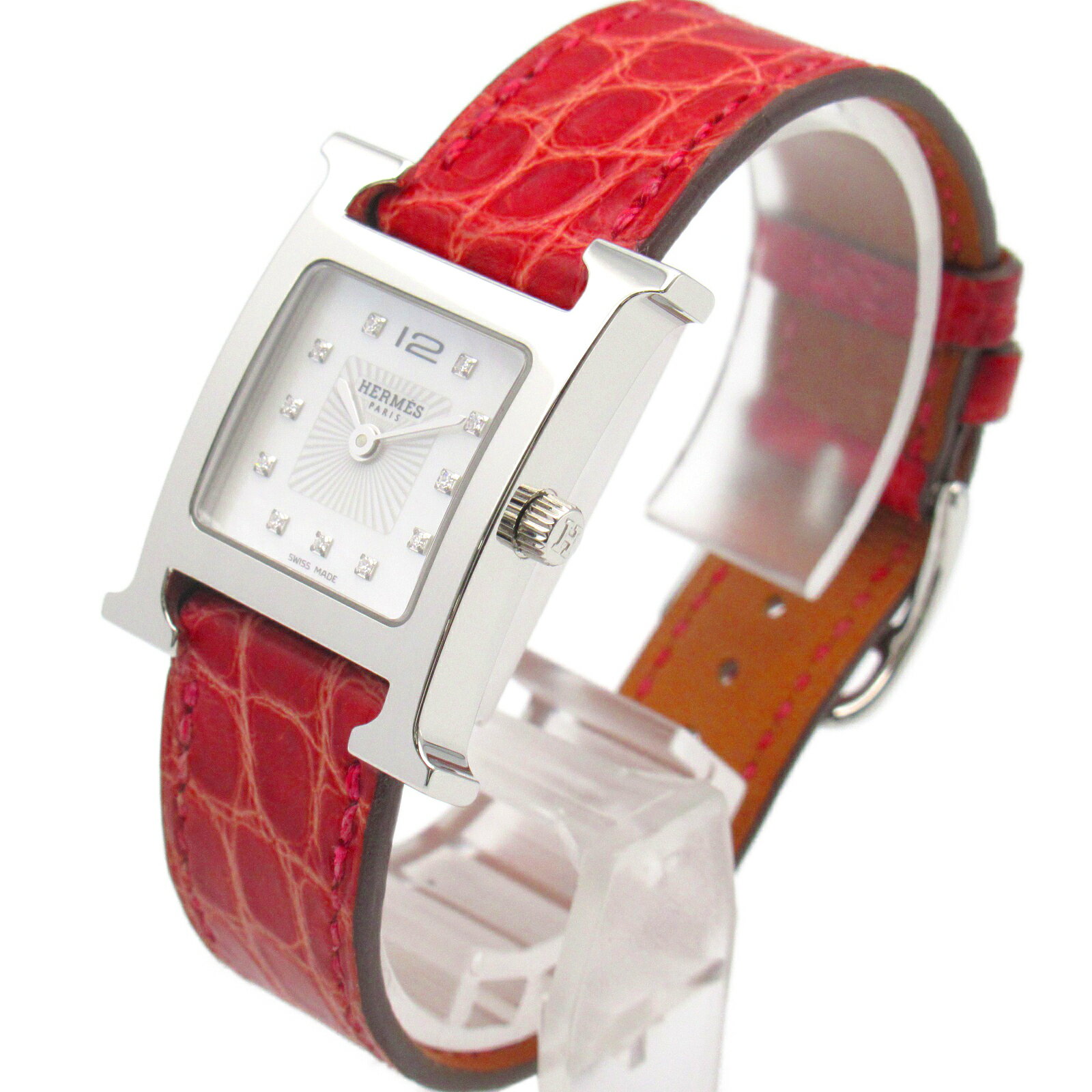 【5%OFFクーポン対象】エルメス HERMES Hウォッチ 11Pダイヤ 腕時計 時計 ステンレススチール クロコ革 レディース ホワイト系 ホワイトシェル HH1.210 【中古】